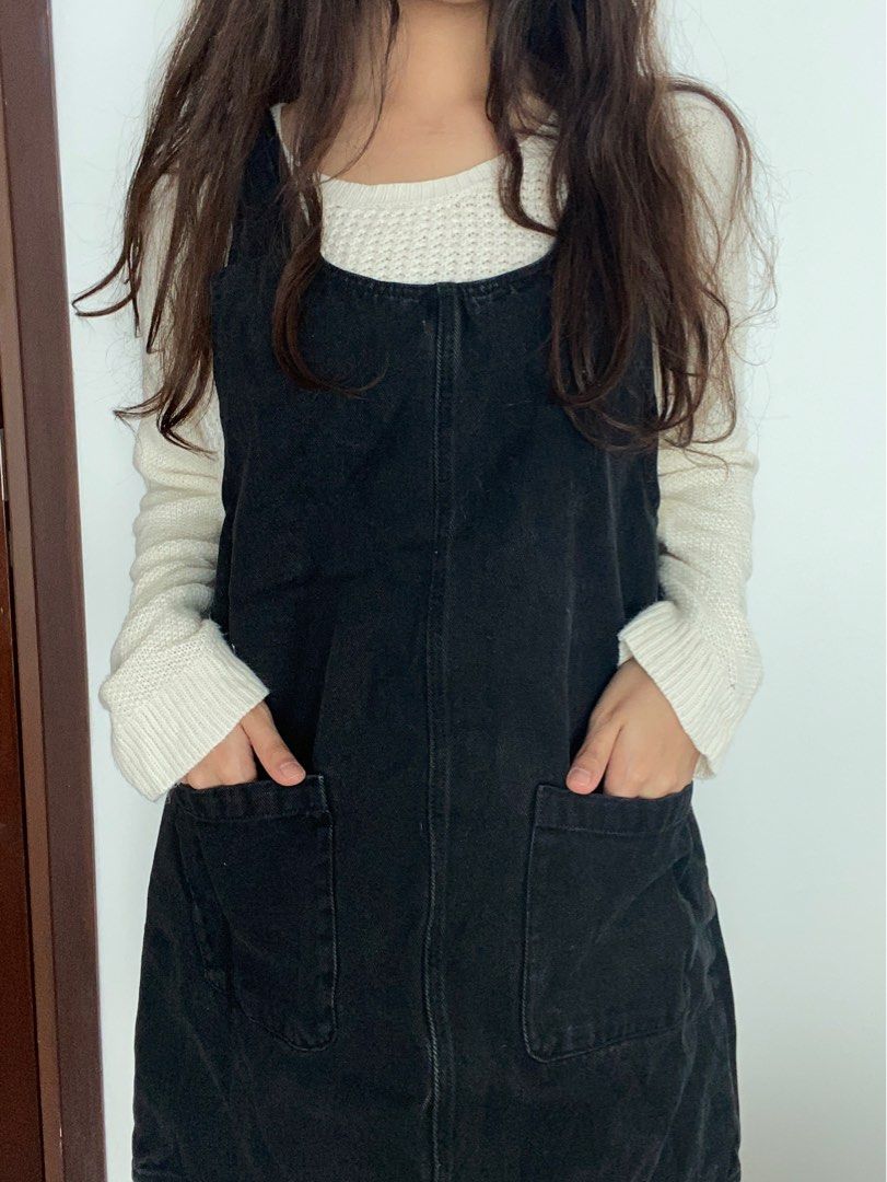Monki Black Denim Pinafore Dress