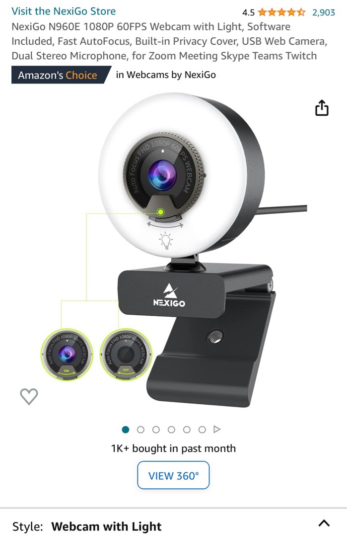NexiGo N960E 1080P Webcam with Light, Autofocus, Stereo Microphone &  Privacy Cover