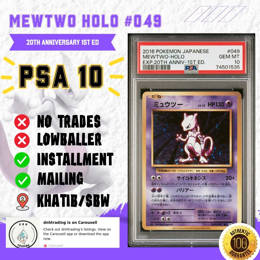 PSA 10] POKEMON TCG - MEWTWO HOLO - EXP 20 TH ANNIVERSARY 1ST ED #049,  Hobbies & Toys, Toys & Games on Carousell