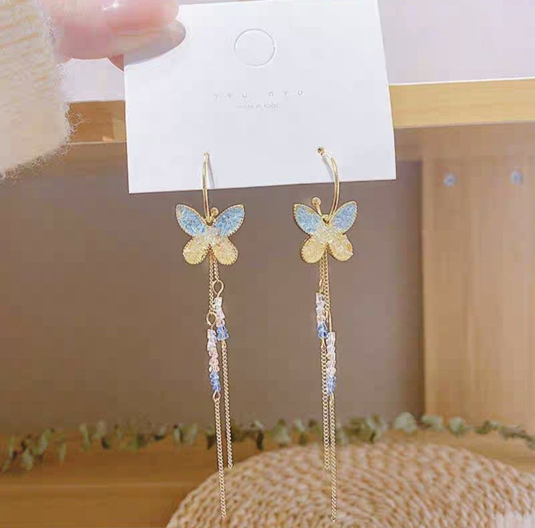 S925 Blue and champagne gold colour butterfly with long hair tassels dangle C hook earrings