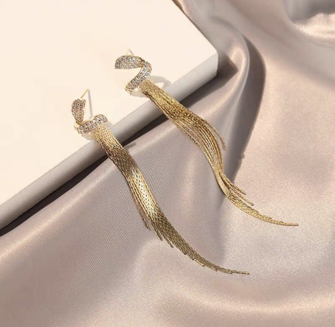 S925 Golden snake long asymmetrical tassels dangle earrings
