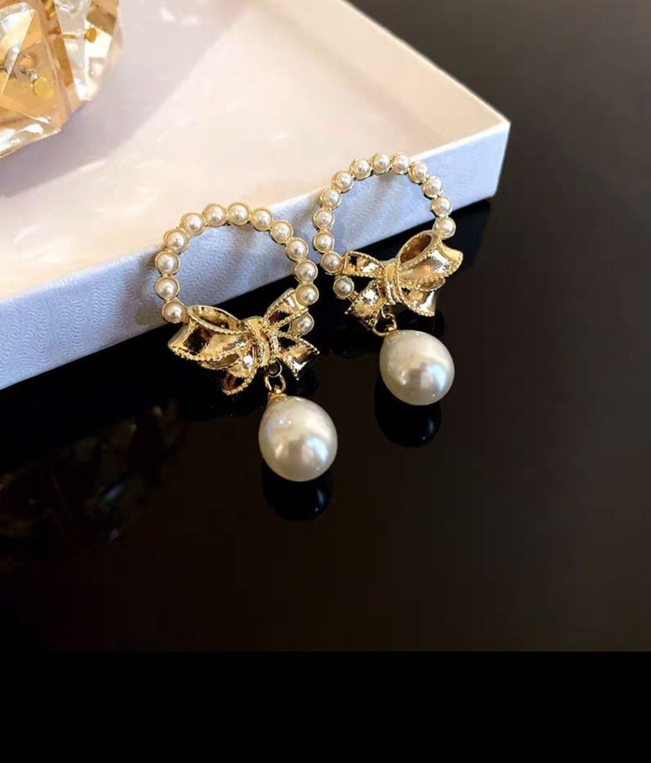 S925 Mini pearls with ribbon and teardrop pearl dangle earrings