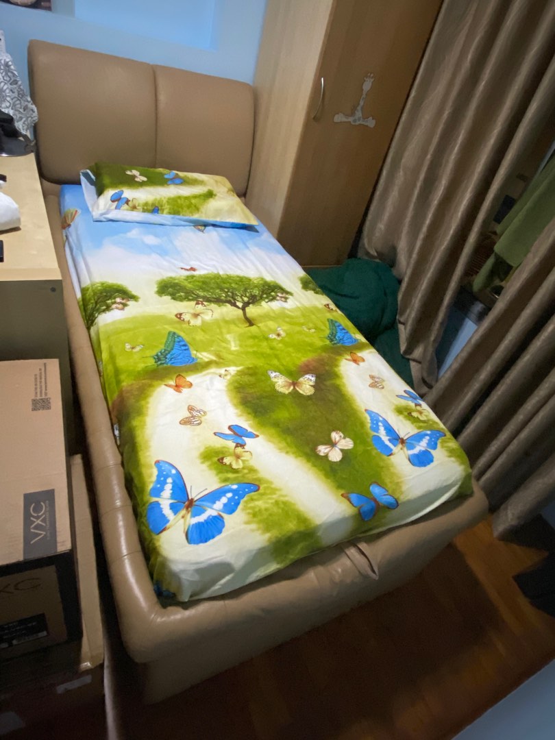 Single bed frame with storage + mattress + mattress cover, Furniture