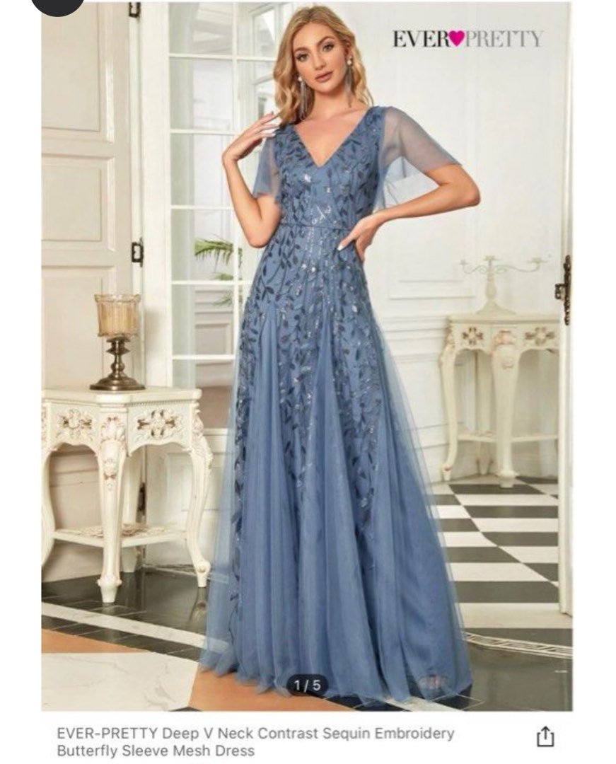 Steel Blue Sequined ALine Gown, Women's Fashion, Dresses & Sets