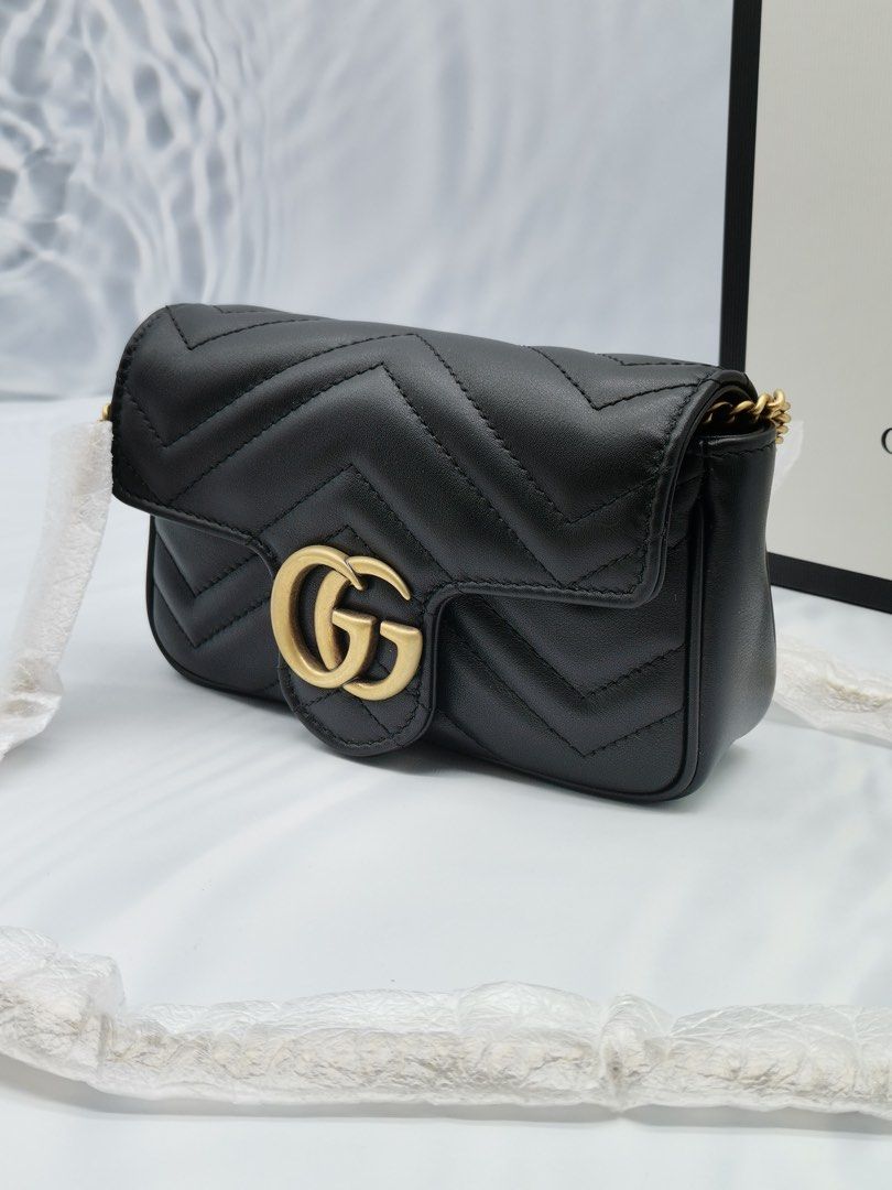 UNUSED GUCCI GG MARMONT BLACK MATELASSE CHEVRON LEATHER SUPER MINI GOLD HARDWARE CHAIN BAG FULL SET