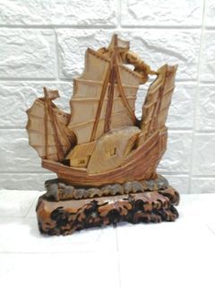 Vintage Oriental Design Wood Carved Galleon Ship Sailboat Sailing Boat 10" Tall