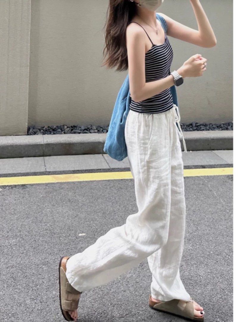 White linen drawstring pants online