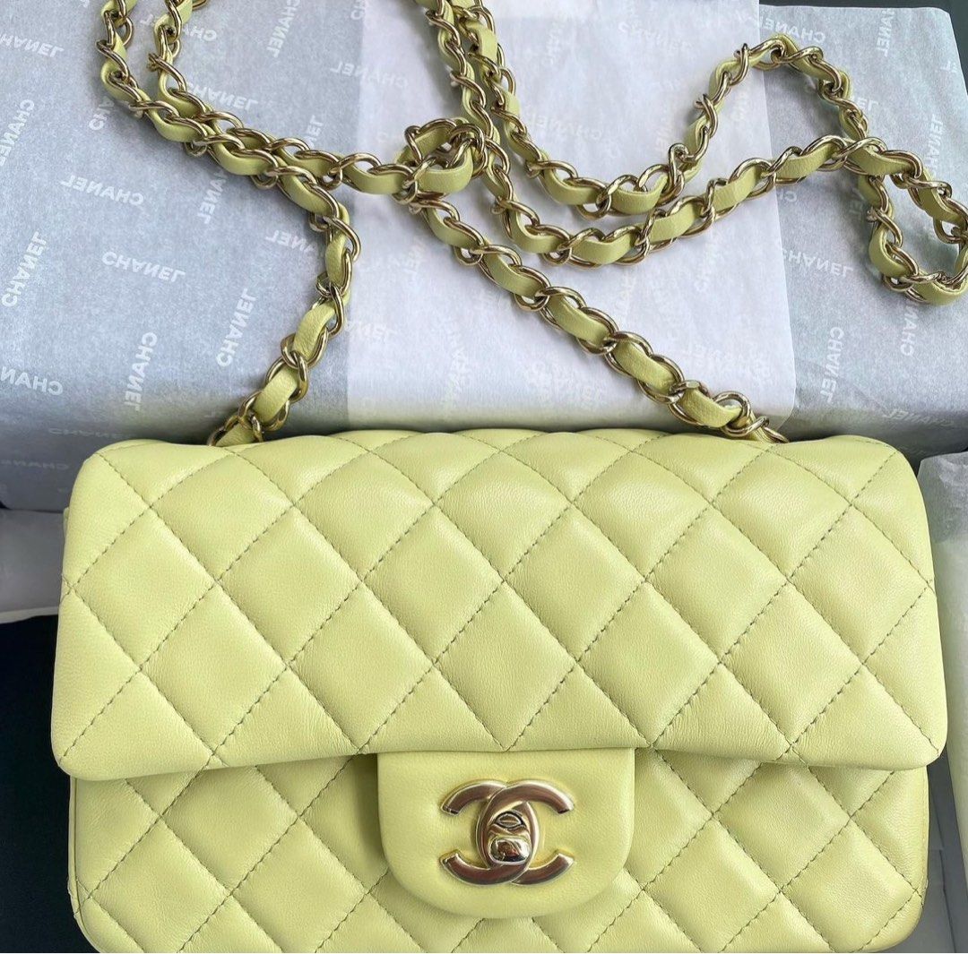 Chanel Light Beige Quilted Lambskin Rectangular Mini Classic Flap Gold Hardware, 2022 (Like New), Womens Handbag