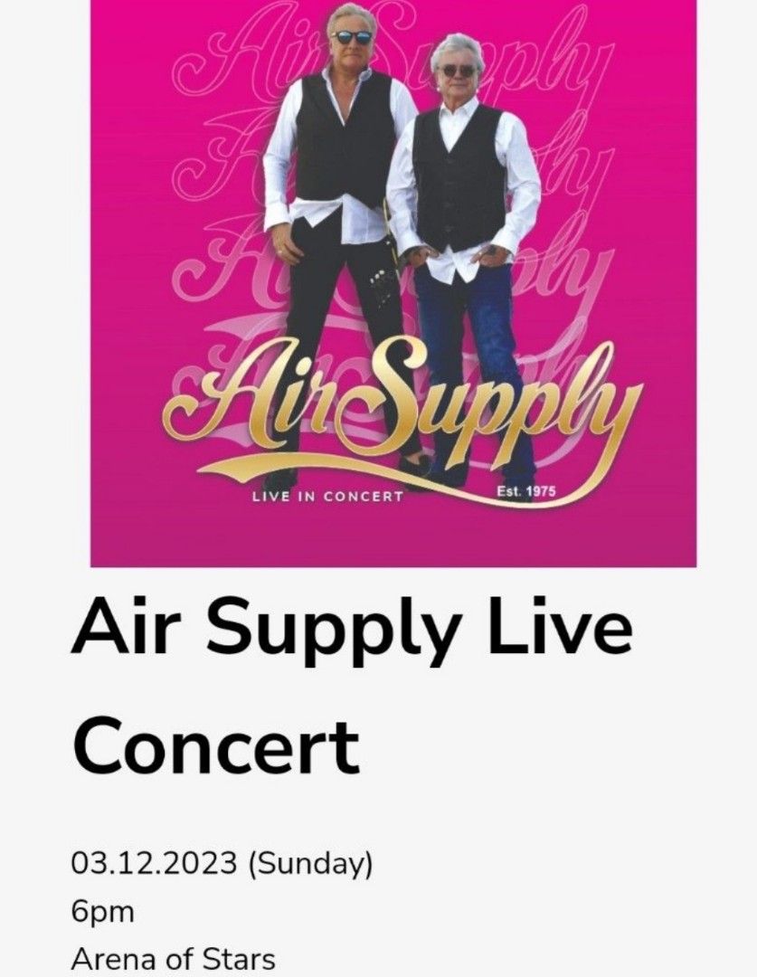 Air Supply Tickets + Room, Tickets & Vouchers, Event Tickets on Carousell