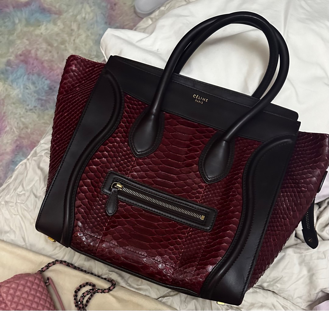 Authentic Celine Red and Burgundy Python and Leather Mini Luggage Tote ...