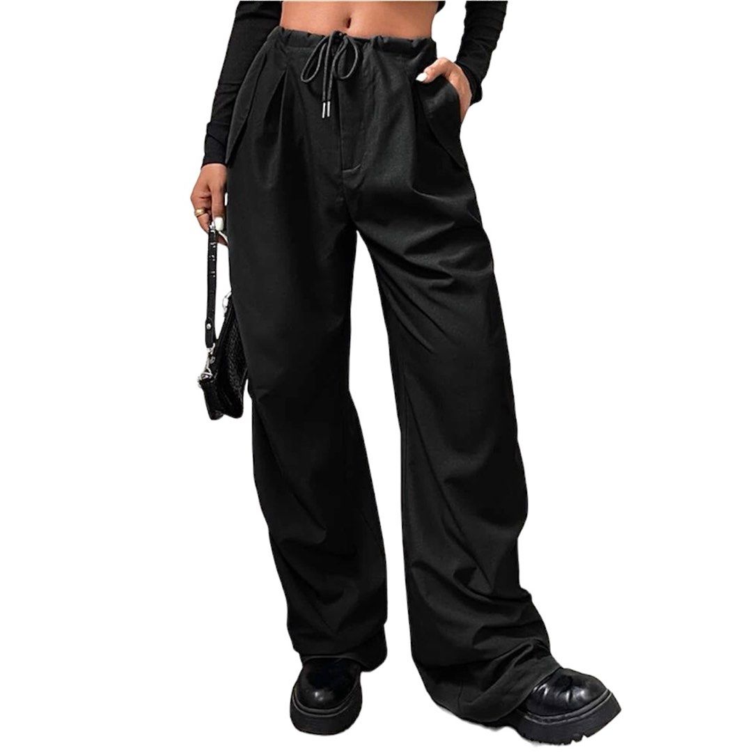 Black Solid Drawstring Waist Parachute Pants (Category: Trousers) located in Manila. Submitted by florescant (Listing ID 1265268192, Image 1). Description: - size xs but please pay attention to the manual measurement (W: up to 31.5 L: 43.7 H: 21) - used once. with side pockets. still good as new! condition is 10/10.