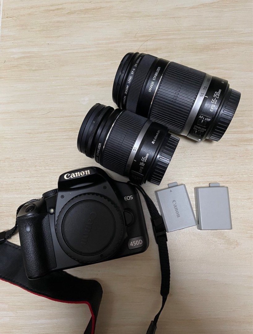 Canon 450D 連EFS 18-55mm EFS55-250mm 兩個鏡頭及電池, 攝影器材