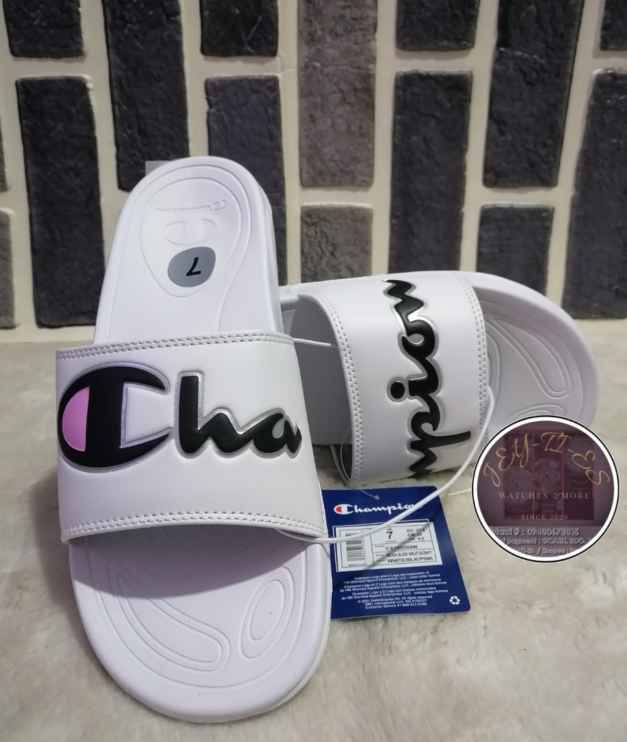 pink and white champion slides