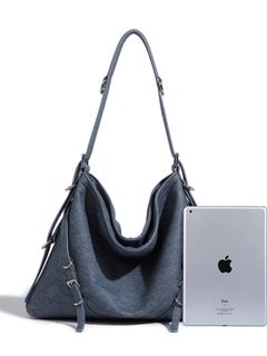 灰色 皮質 仿牛仔包包2023新款女包高級感洋氣軟皮大容量單肩腋下包上班通勤大包返工袋 斜孭袋64206601820419110
