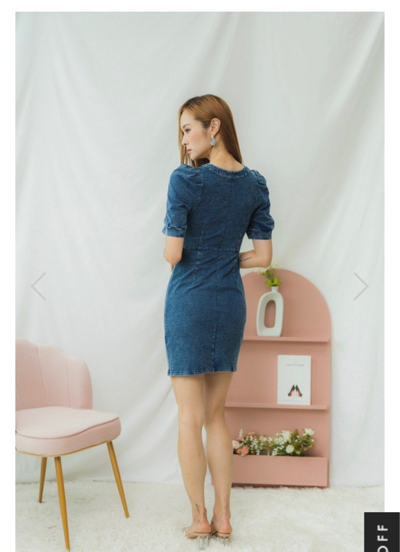 Cassan Drawstring Denim Dress in Blue