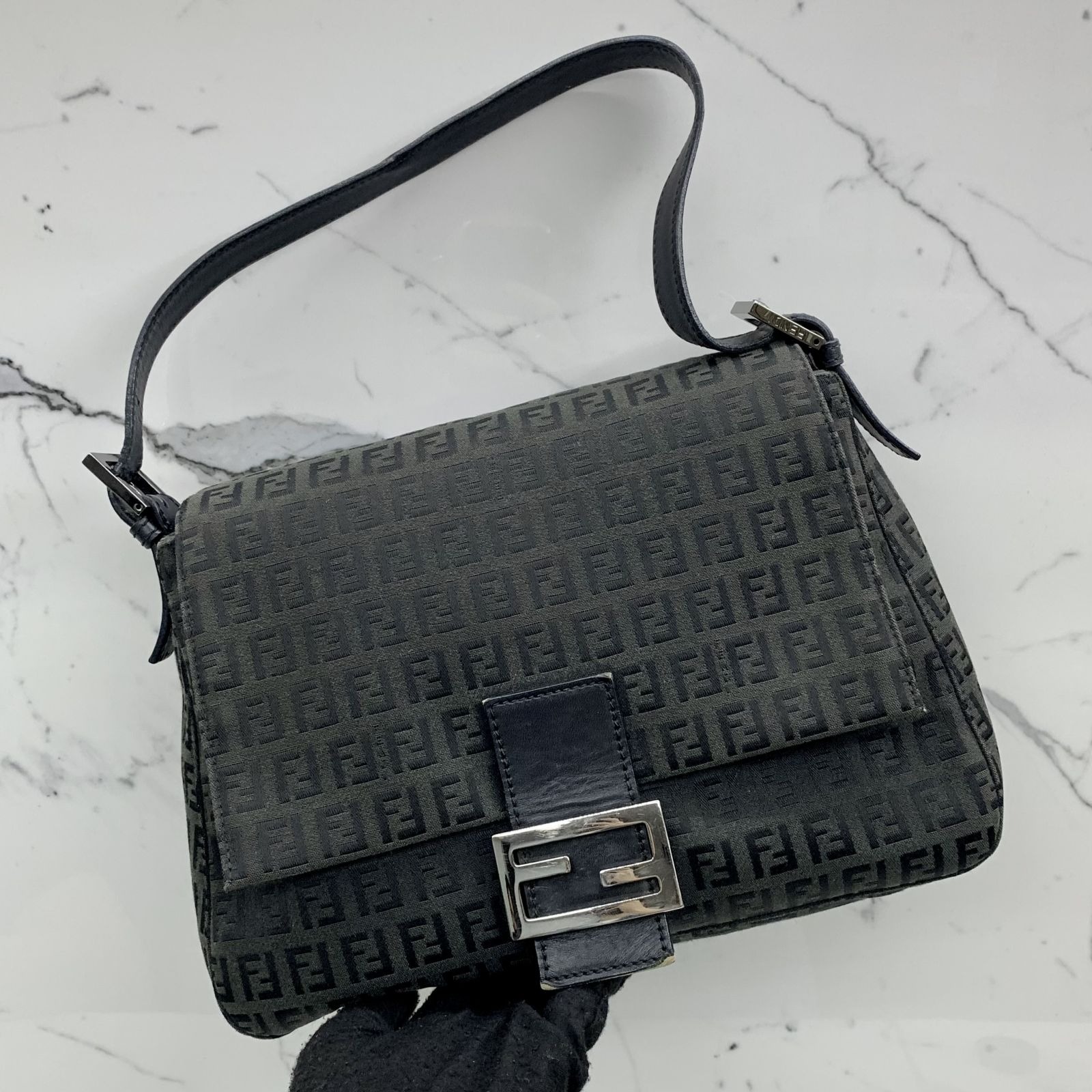 FENDI 8BR001 BLACK CANVAS ZUCCA SHOULDER BAG 237036803 WE Luxury