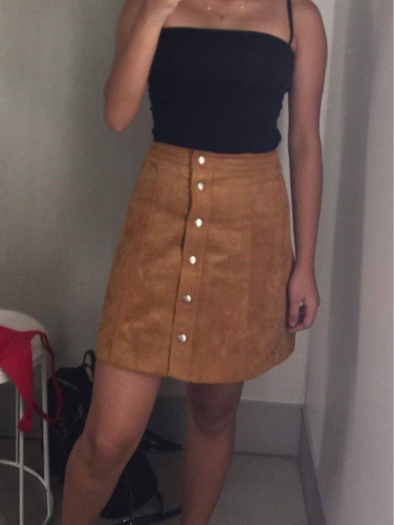 H M brown tan suede button down skirt
