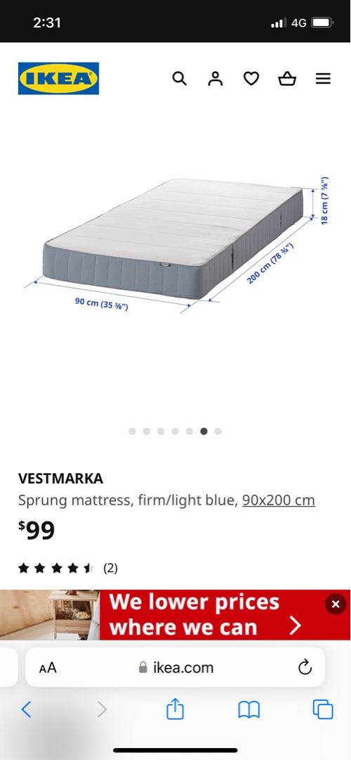 IKEA single spring mattress, Furniture & Home Living, Furniture, Bed