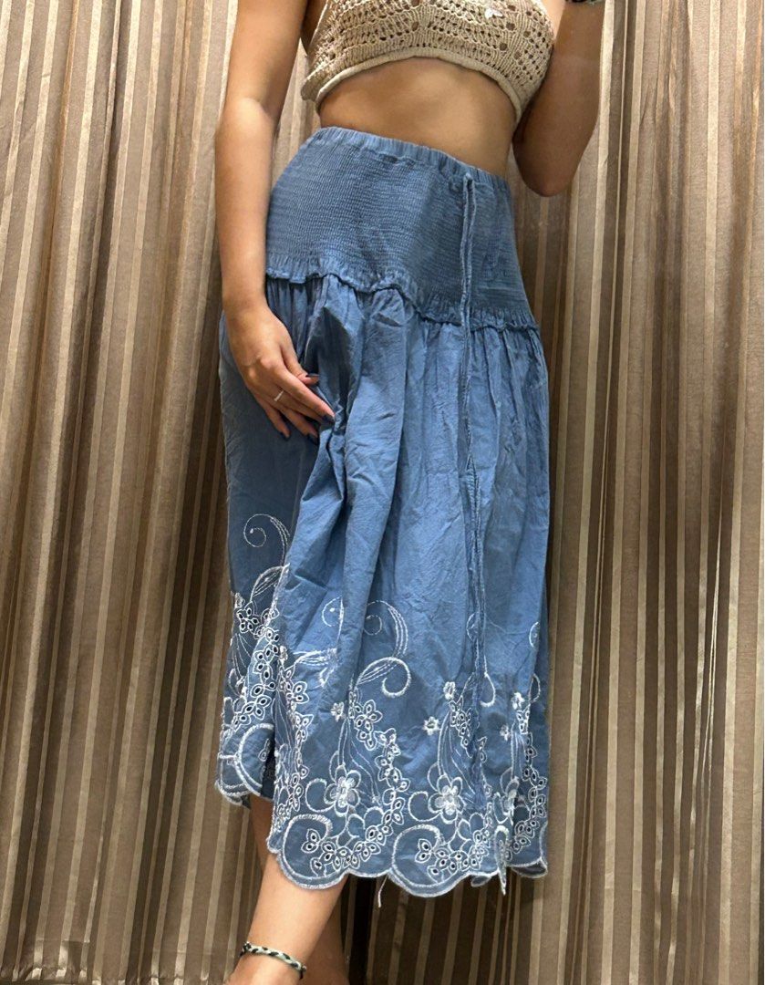 Long blue embroidered beach skirt