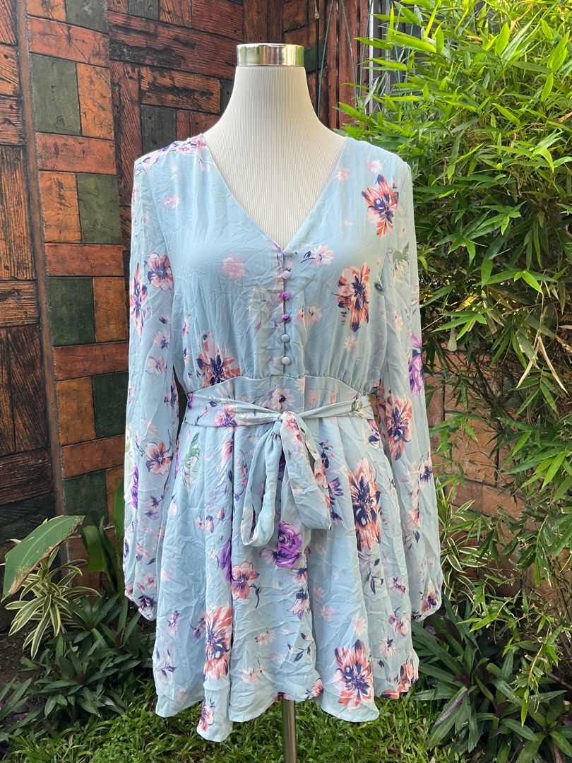 LULUS Always Yours Light Blue Floral Print Long Sleeve Skater