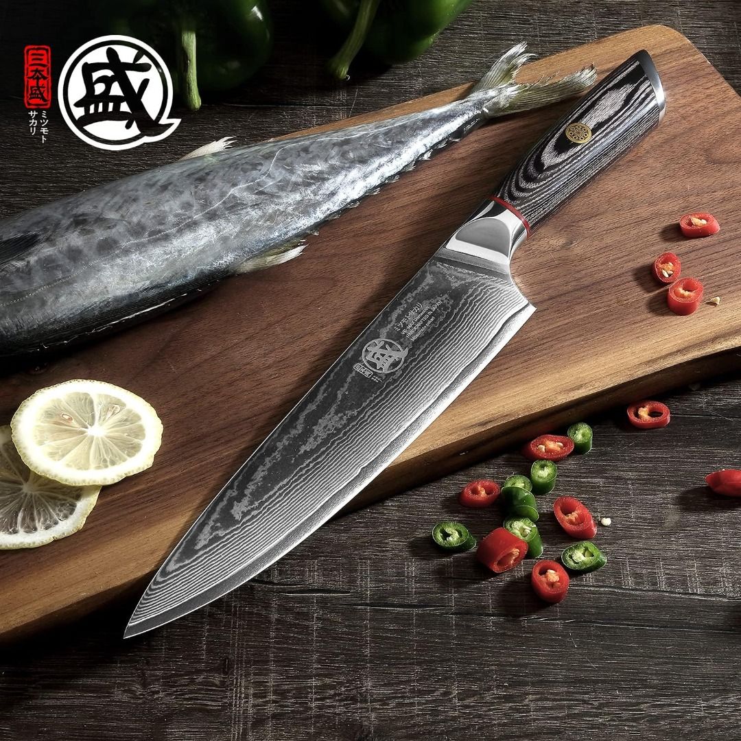 MITSUMOTO SAKARI 8 inch Japanese Gyuto Chef Knife, AUS-10 Premium Damascus  Steel Kitchen Cooking Knife, Professional Hand Forged Meat Sushi Knife  (PakkaWood Handle & Gift Box), Furniture & Home Living, Kitchenware 
