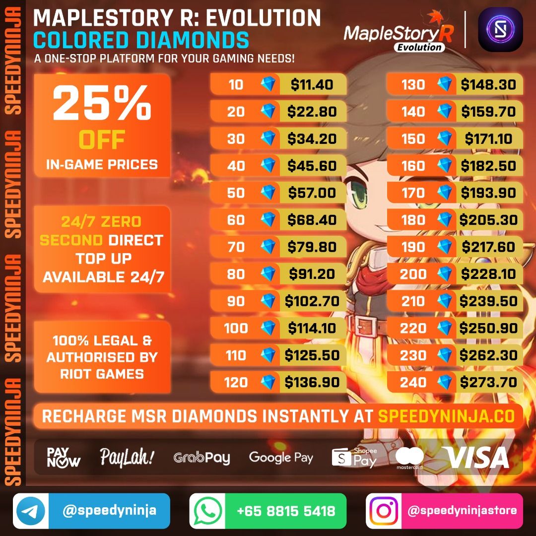 [NO BAN | 24/7 INSTANT | CHEAPEST | NO LOGIN] MapleStory R: Evolution Colored Diamonds Top Up | Recharge MapleStory R Colored Diamonds | Colored Diamonds | No Login Required | SpeedyNinja (Category: In-Game Products) located in Singapore. Submitted by speedyninja (Listing ID 1130972809, Image 1). Description: (Updated as of 22nd September 2023 - SpeedyNinja) Cheapest, fastest, and safest MapleStory R: Evolution Colored Diamonds Operating Hours: 2