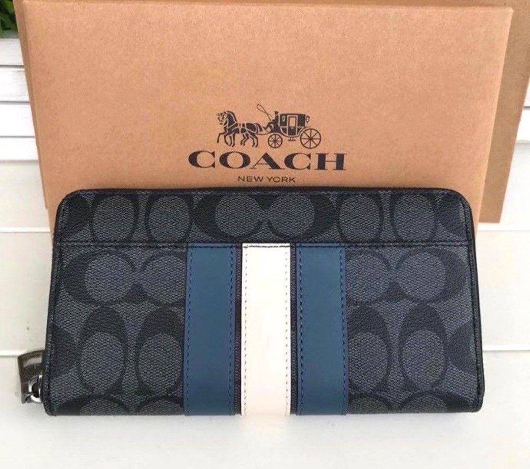 F26070 Preorder Coach varsity blue stripe zipper men long wallet waiting time 10 to 12days after payment has been made chat to buy to order Men s Fashion Watches Accessories Wallets Card Holders