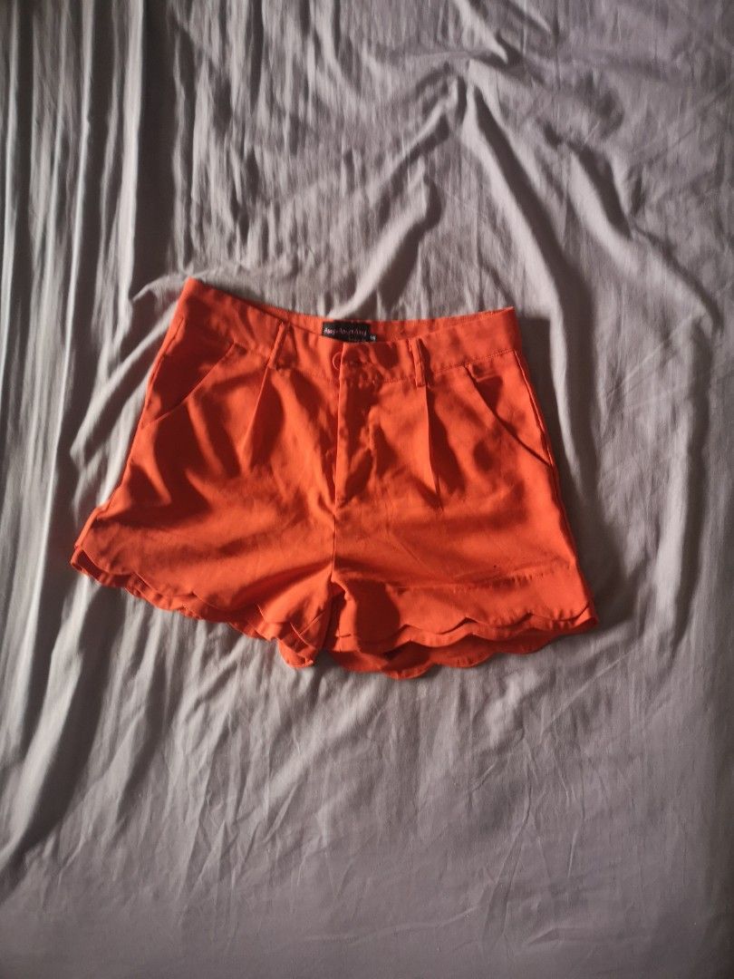 Red High Waisted Shorts Scallop Design with side pockets