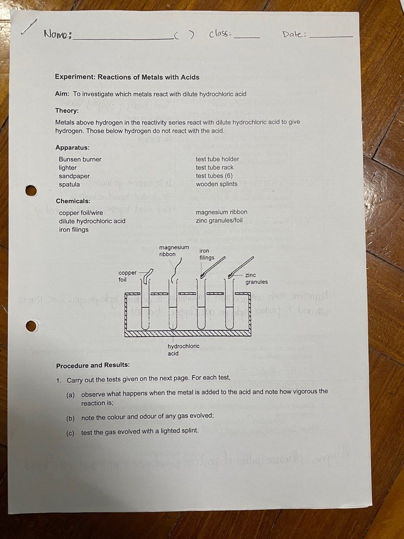 SEC4NA Chemistry:Reactions of metals with Acids Practical practice paper, Hobbies \u0026 Toys, Books ...