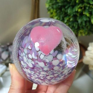 Vintage 1980s Handblown Art Glass Paperweight / Ornament with Swirl of Pastel Purple, Pink, White Marbled Bits & Star Dust Topped with a Candy Pink Heart | Gift Ideas