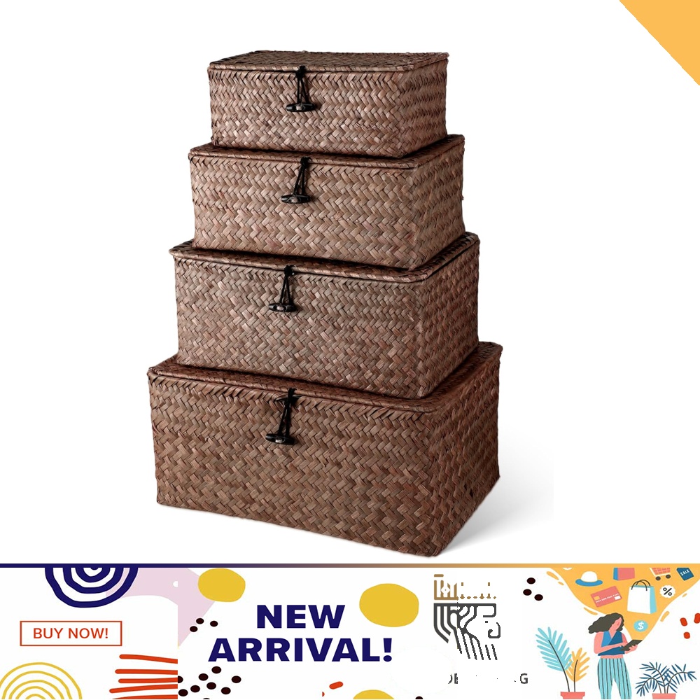 Woanger Set of 4 Wicker Baskets with Lids Handwoven Seagrass Storage