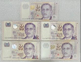 5 pcs Singapore $2 Banknotes