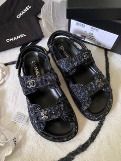 🦄 CHANEL 22K Iridescent Tweed / Leather Dad Sandals Authentic Chanel Size 39 Fits US 8.5 9 EU 40