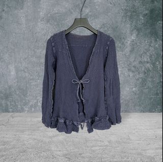 二手 ISSEY MIYAKE ME日本製 深藍 大碼可 彈性壓褶棉麻前綁繩 長袖 上衣 VA1112﹝凡賽蘇﹞