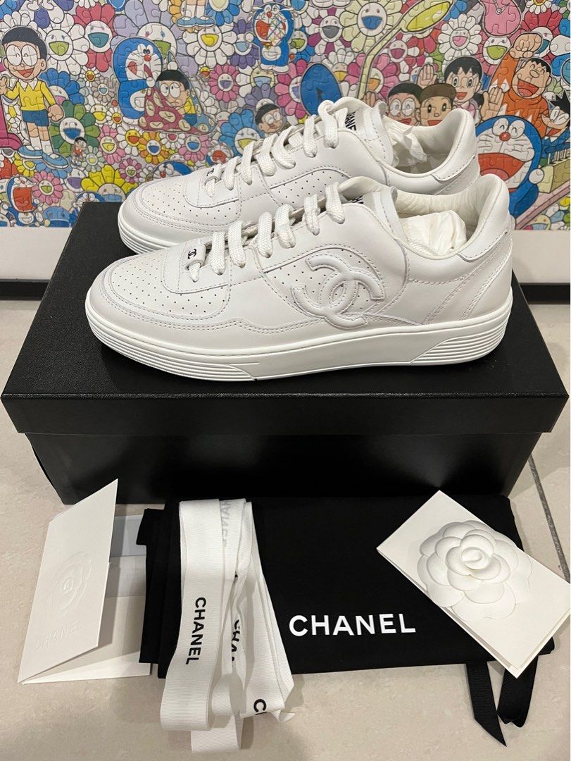 Auth CHANEL All White Leather Sneakers 38