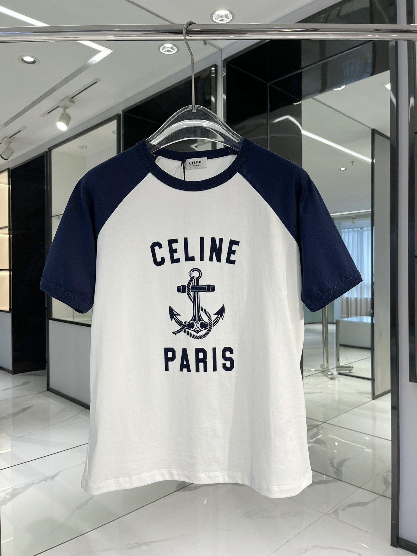 Authentic celine Anchor flocked Letter Print T-shirt, Women's