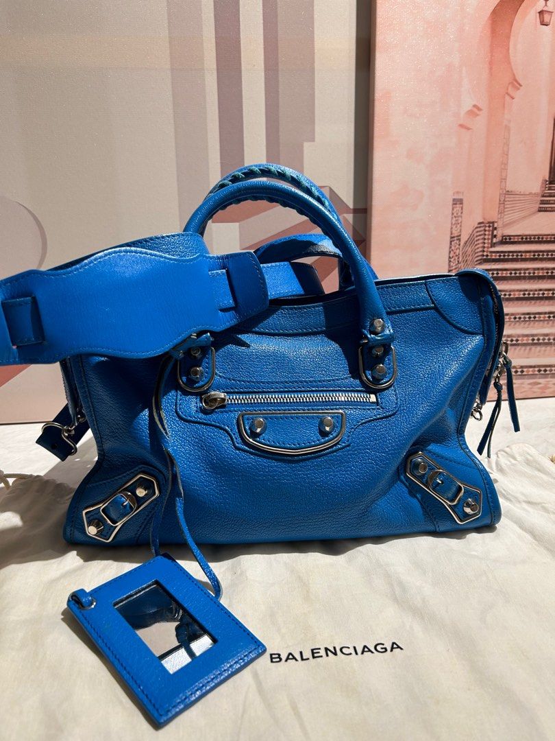 Balenciaga Small Chevre Silver Metallic Edge Hardware Mini City Bleu Ceylon