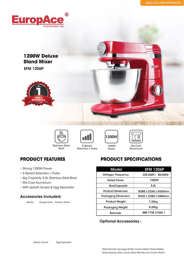 BNIB EuropAce 1200W Deluxe Stand Mixer EFM 1206P. MultiFunction Food Mixer w Accessories, TV