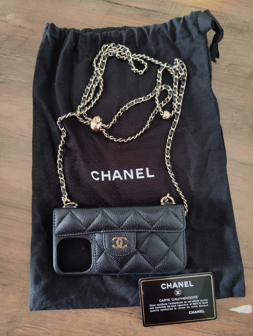 Chanel classic iphone 12 case with strap caviar and GHW, Luxury