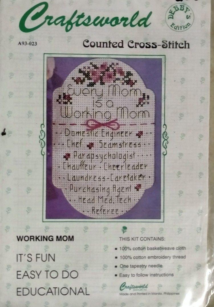 Cross Stitch kits on sale (Category: Handmade Craft) located in Manila. Submitted by olxph_540542159 (Listing ID 1265419696, Image 1). Description: Cross stitch kit with complete set of pattern,cloth,threads n needle ideally for beginner,students,kids at a very affordable price.Limited stock only..