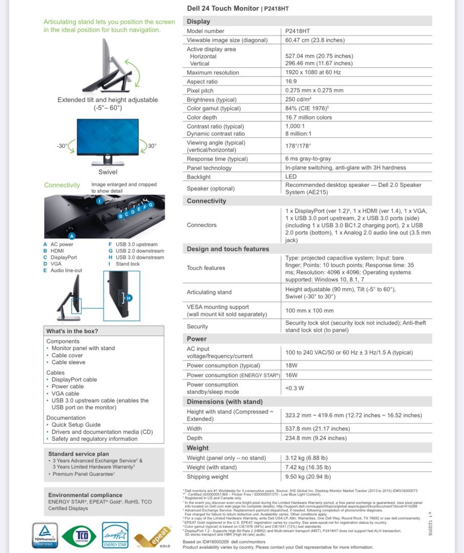 Dell P2418HT Touch Screen Monitor 24inch, Computers & Tech, Parts ...