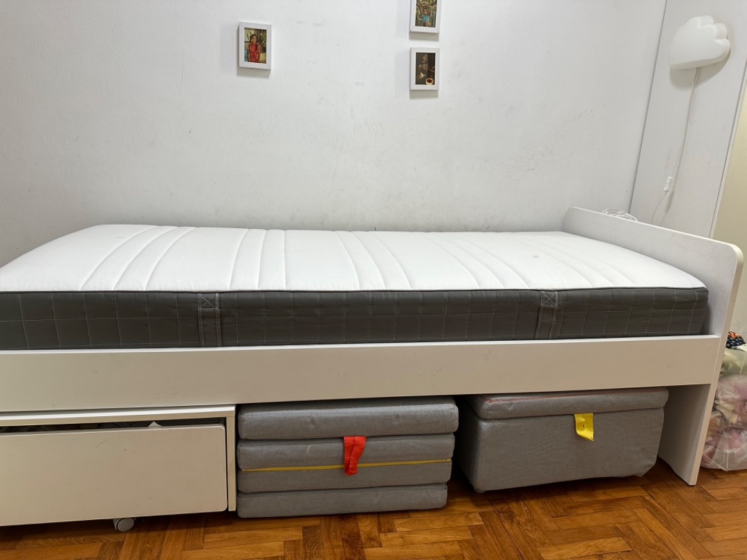 Ikea Slakt bed with wheeled storage boxes, Furniture & Home Living