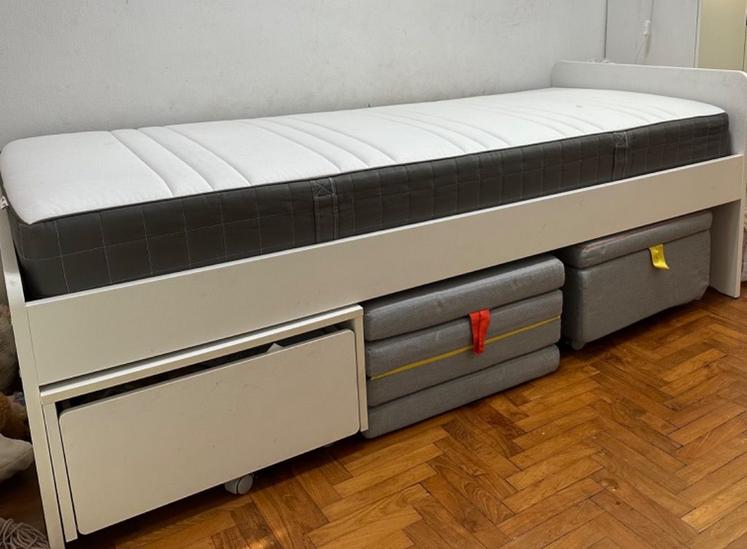 Ikea Slakt bed with wheeled storage boxes, Furniture & Home Living