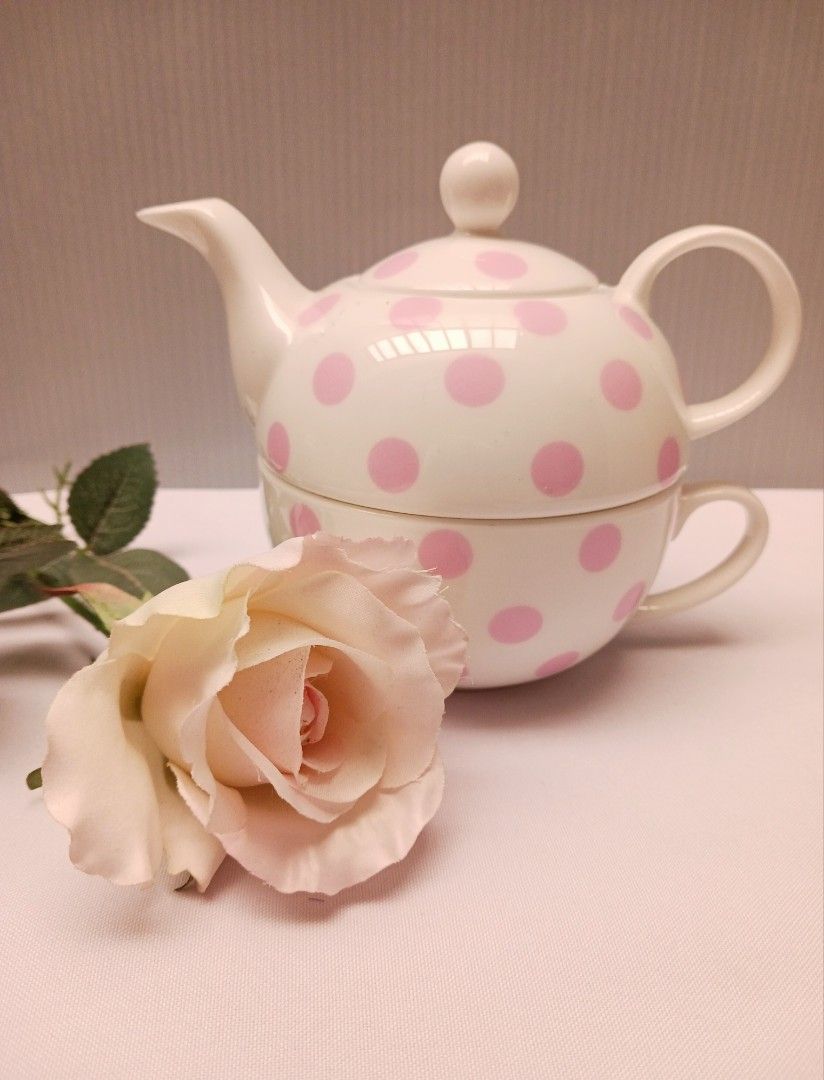 Laura Ashley teapot and cup pink polka dots, Furniture & Home Living