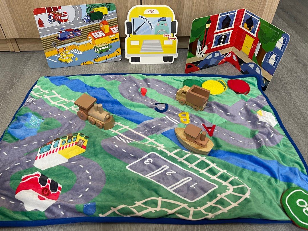 Learning Time educational kit (Category: Educational & Learning Toys) located in Quezon City. Submitted by swiftturtle_0b2e05 (Listing ID 1265363873, Image 1). Description: Wooden transportation ,cloth mat with detachable colors , busy board .