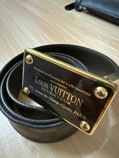 110cm Mens Louis Vuitton Belt Brown Leather 44 waist With Gold Lv Buckle