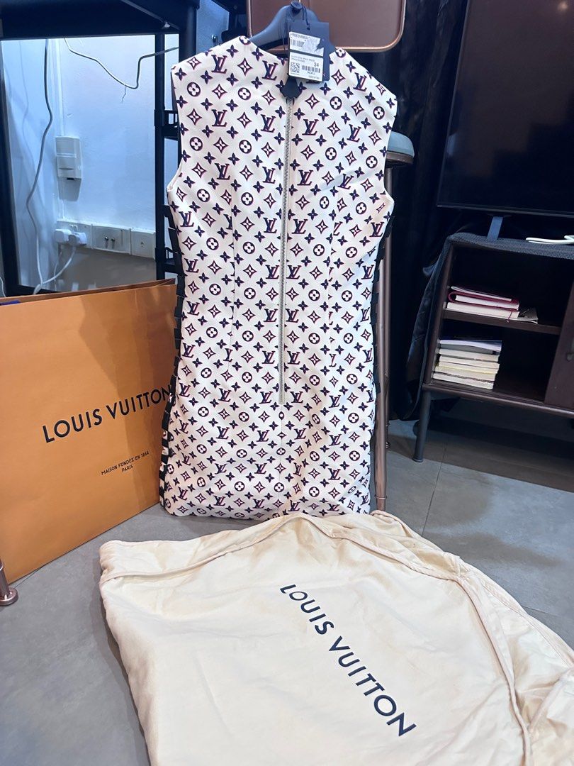Louis Vuitton Leather Trim Tricolor Monogram Dress White. Size 38