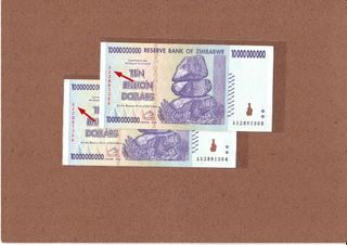 Mazuma F1685 Zimbabwe 2008 10000000000 Ten Billion Dollars AA2881384-385 1st Prefix 2Running AU