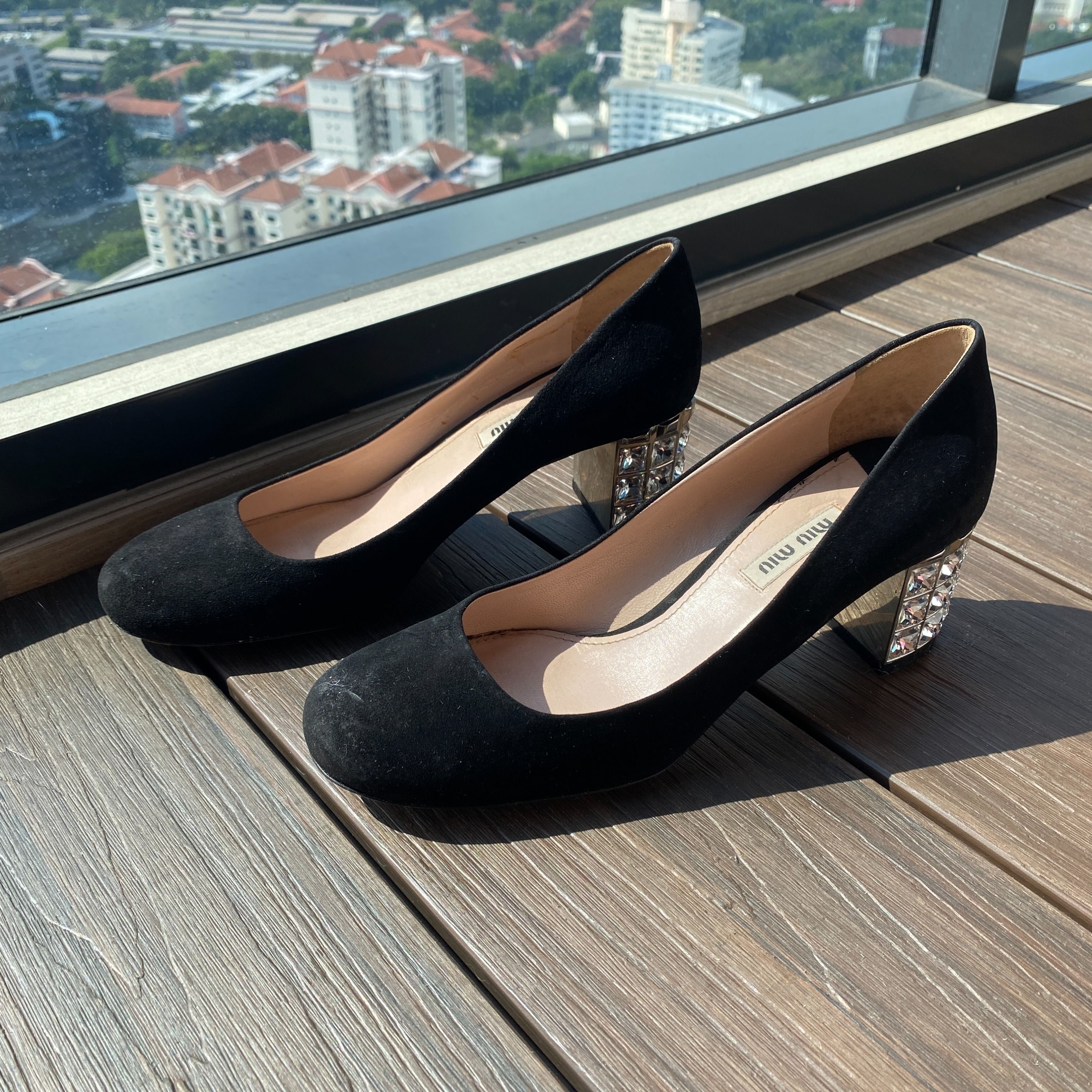 Miu Miu Black Suede Crystal Heel Pumps