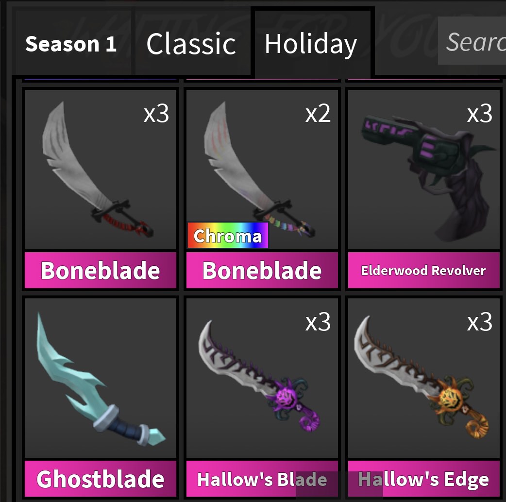 Mm2 Godly & Chroma Halloween Christmas Vintage Eternal Knifes & Gun Murder  Mystery 2 Roblox, Video Gaming, Gaming Accessories, Game Gift Cards &  Accounts on Carousell